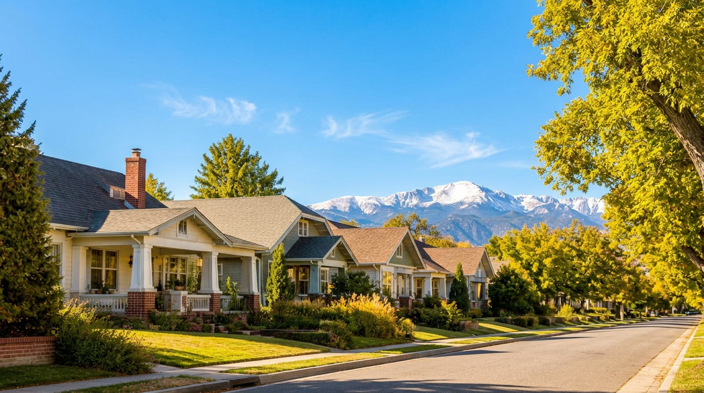 A sunny Denver residential street with the snow-capped Rocky Mountains visible in the distance